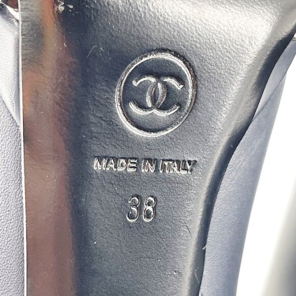 Chanel EU 38 Navy Leather Ankle Boots Patent Cap Toe Chain Platform Booties - Picture 12 of 14